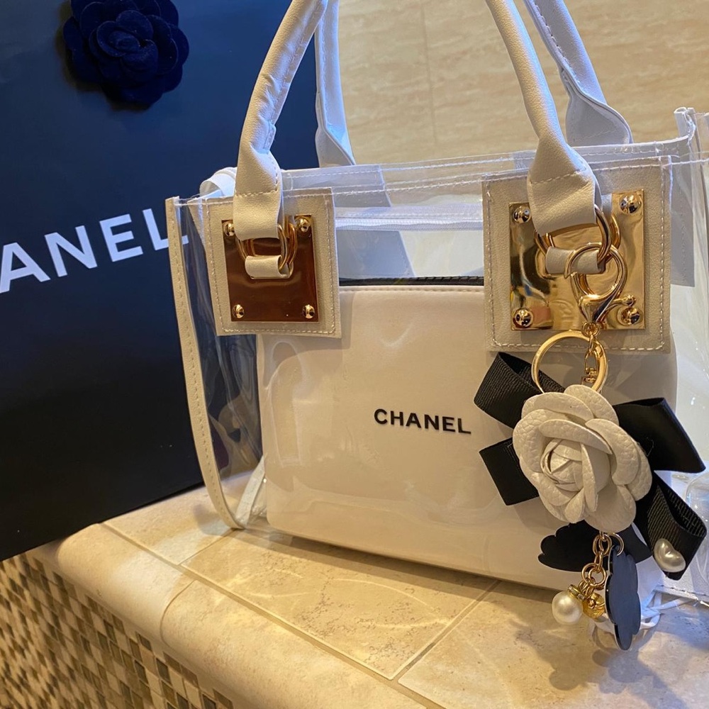 Chanel White Clear Tote Bag with Flower Charm